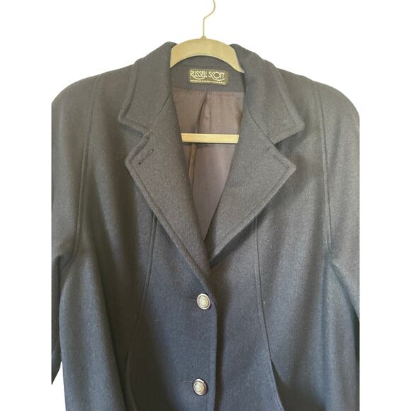 Vintage 90s Russell Scott Navy Wool Blend Coat Dark Academia Crested Buttons  L - Picture 2 of 11